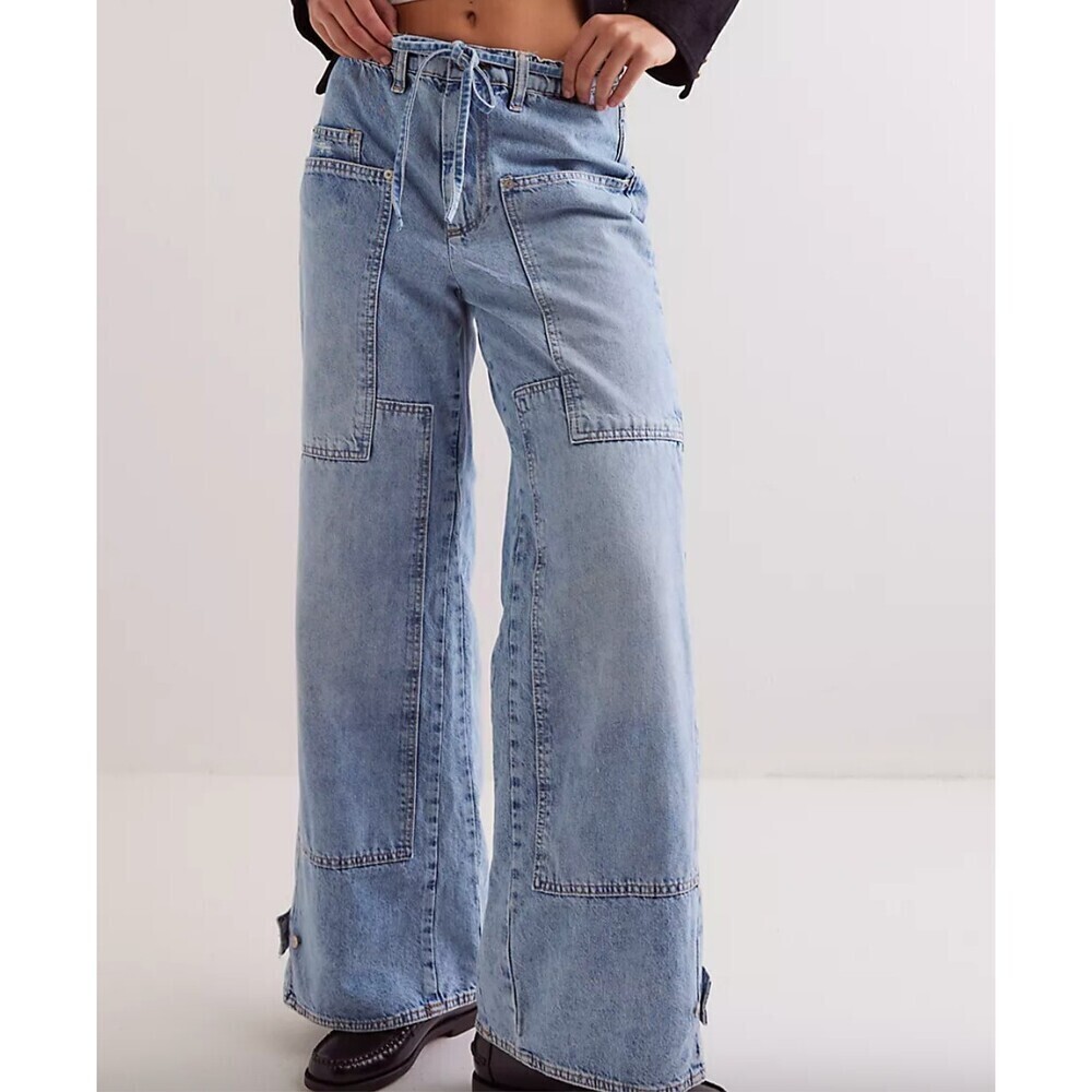 Free People CRVY Outlaw Wide-Leg Jeans Light Wash Size XS Drawstring Waist